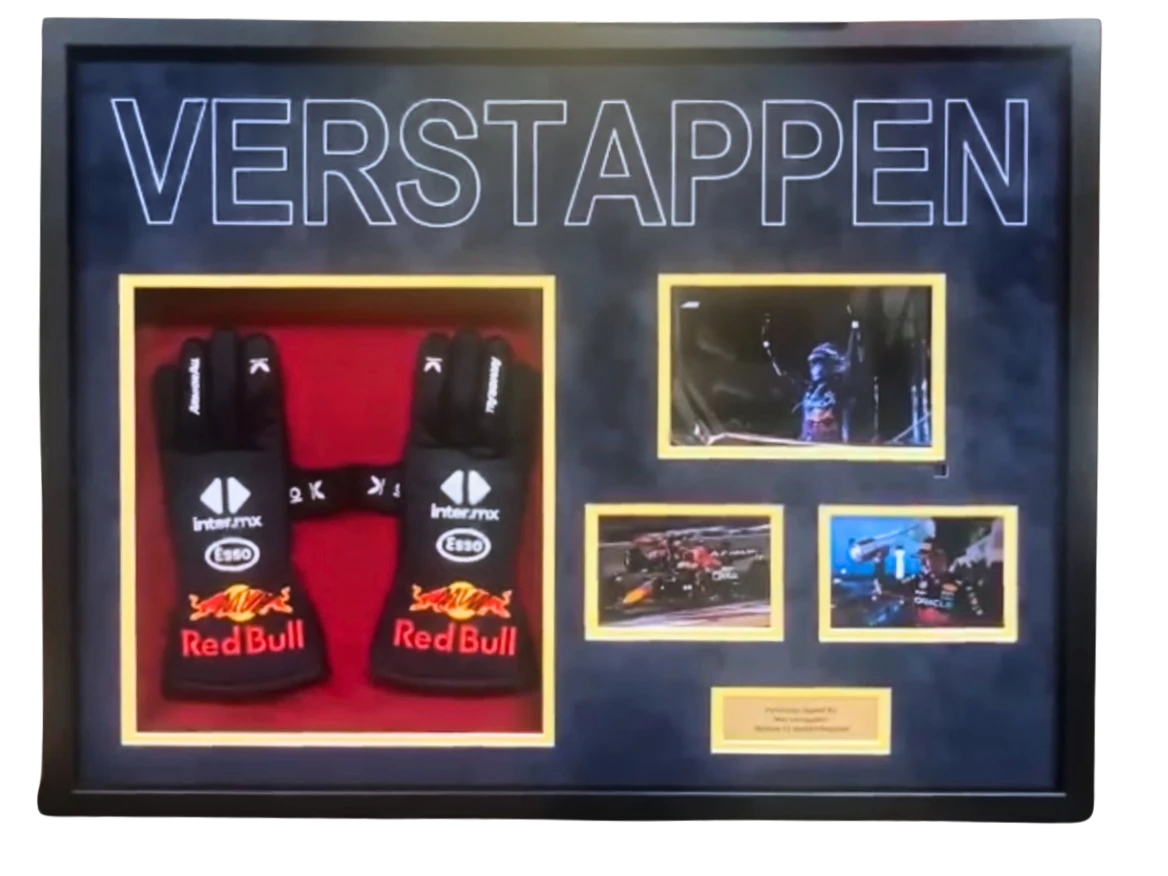 Signed Max Verstappen #1 Racing Gloves Display with Highlight Video Screen