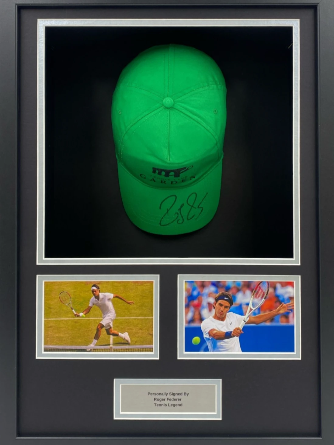 Framed signed Roger Federer Green Cap Display