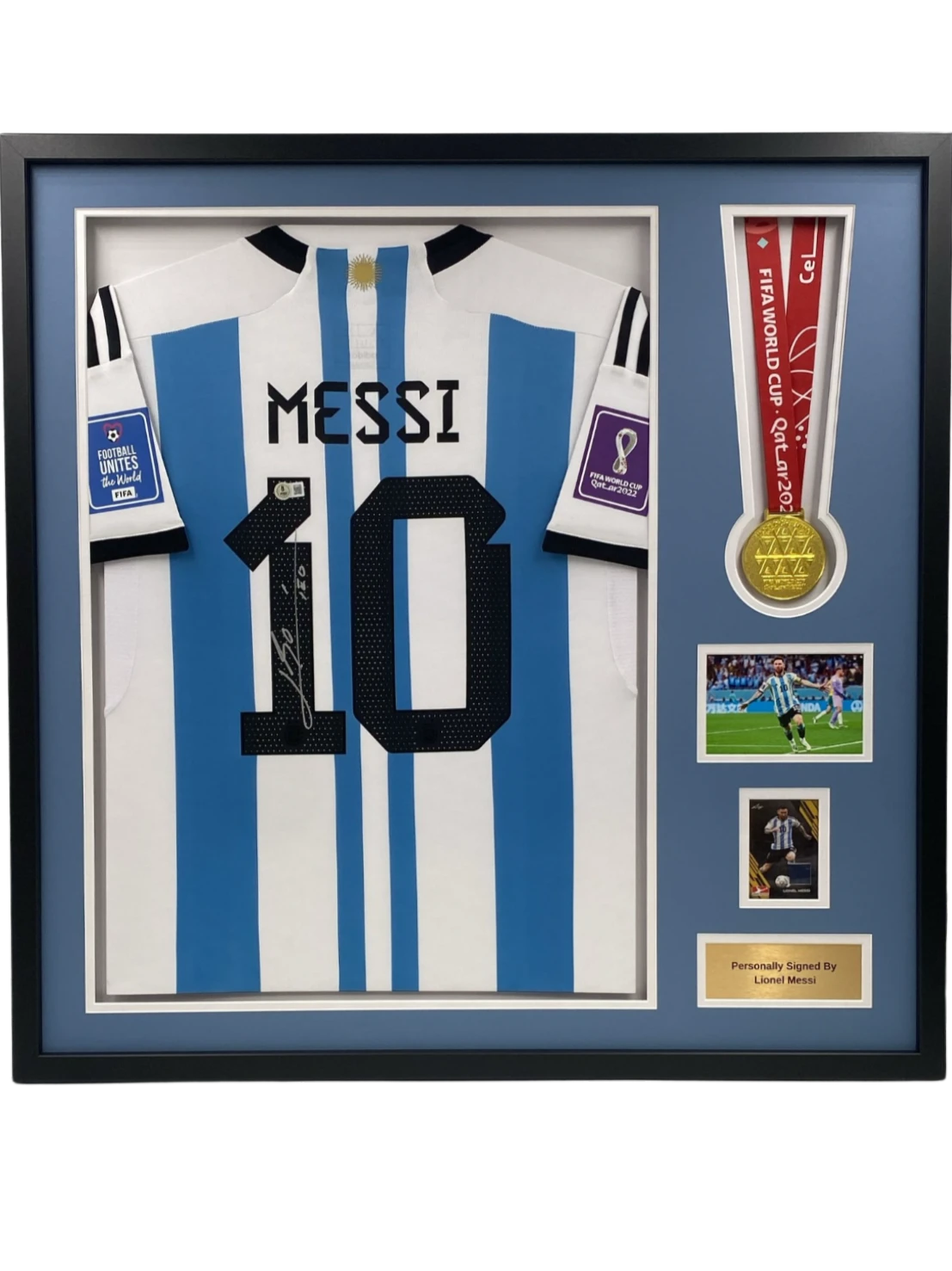 Framed signed Lionel Messi Argentina #10 World Cup Winner Medal Jersey Display