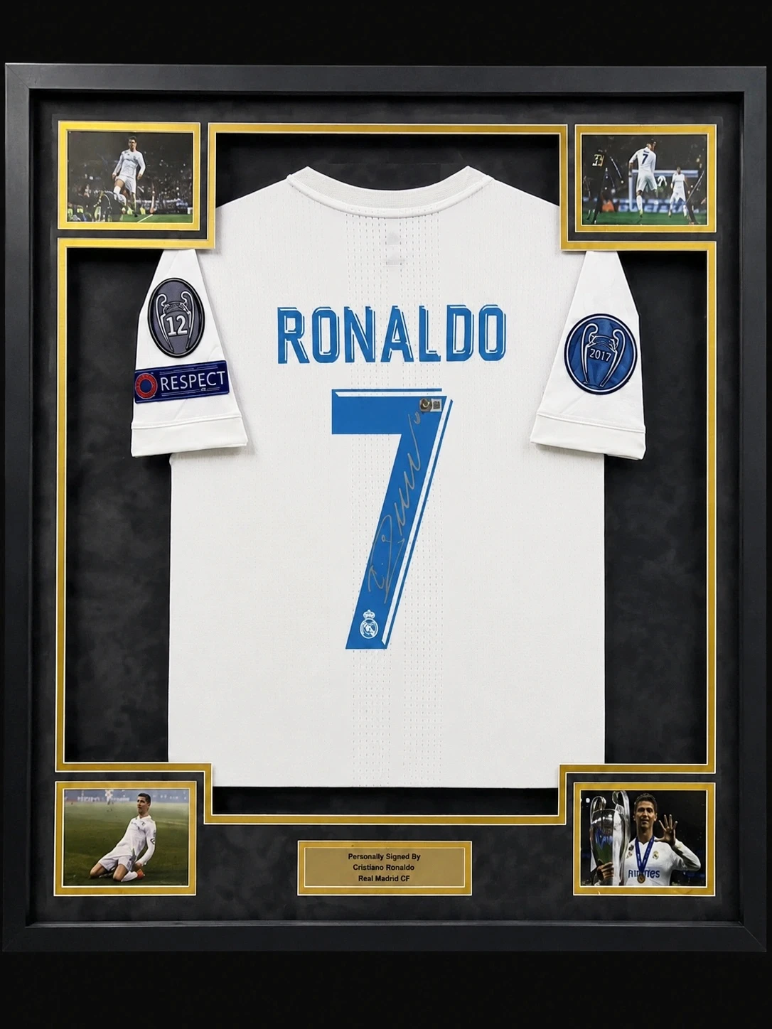 Framed signed Cristiano Ronaldo Real Madrid #7 Champions League jersey display