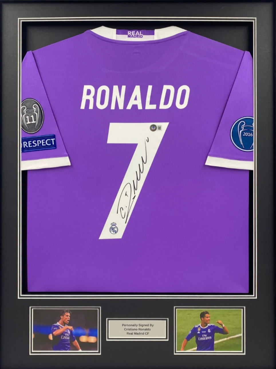 Framed signed Cristiano Ronaldo Real Madrid #7 purple Champions League jersey display