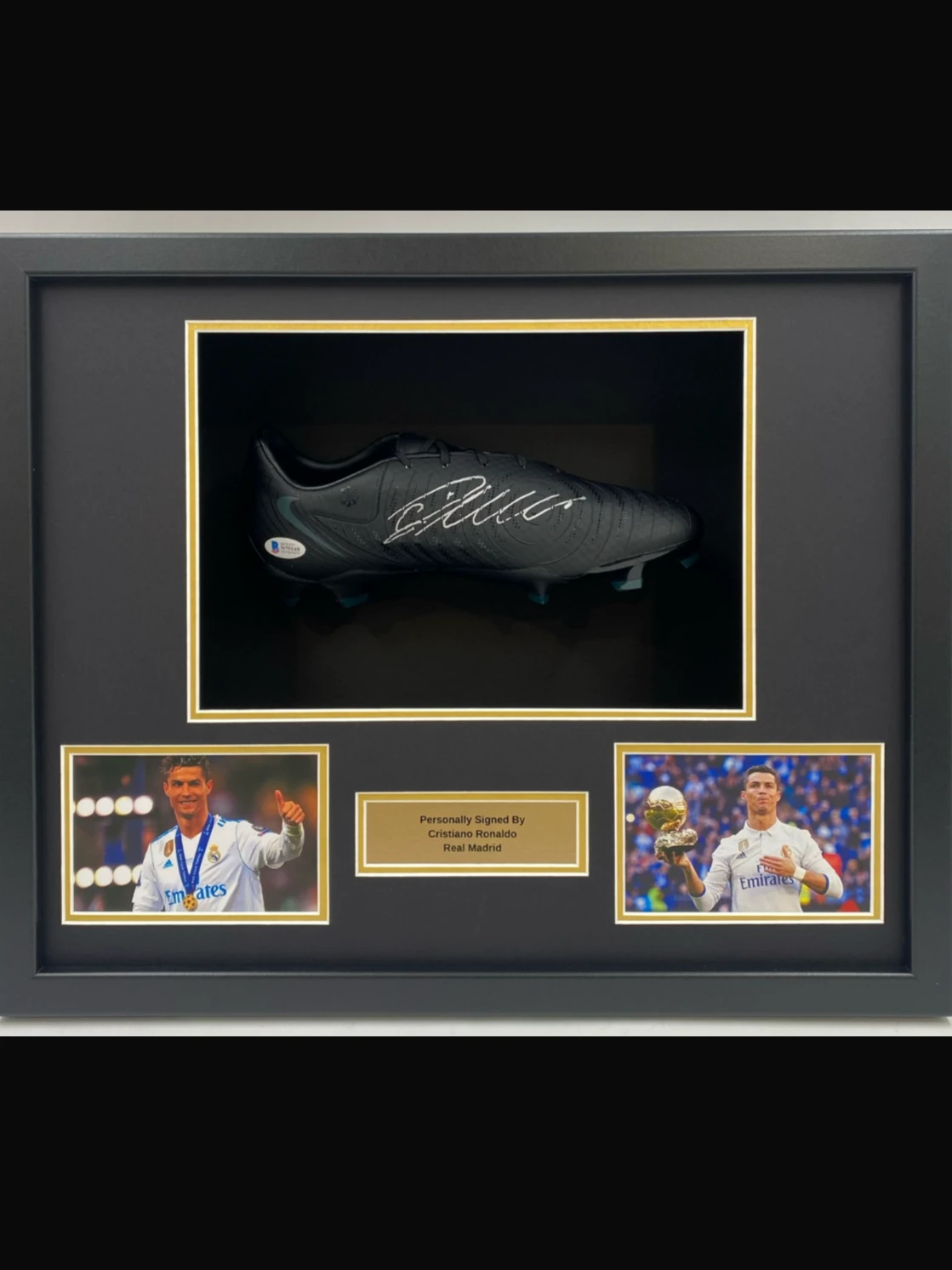 Framed signed Cristiano Ronaldo football boot display