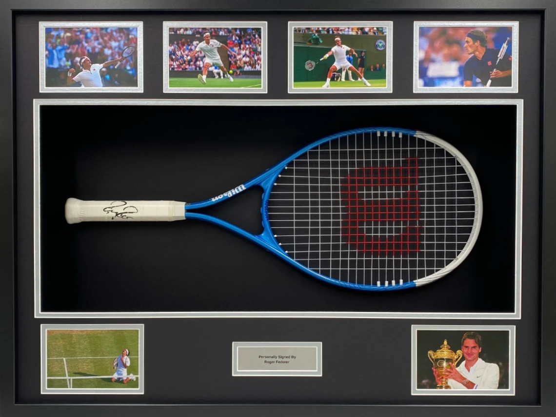 Signed Roger Federer tennis racket display