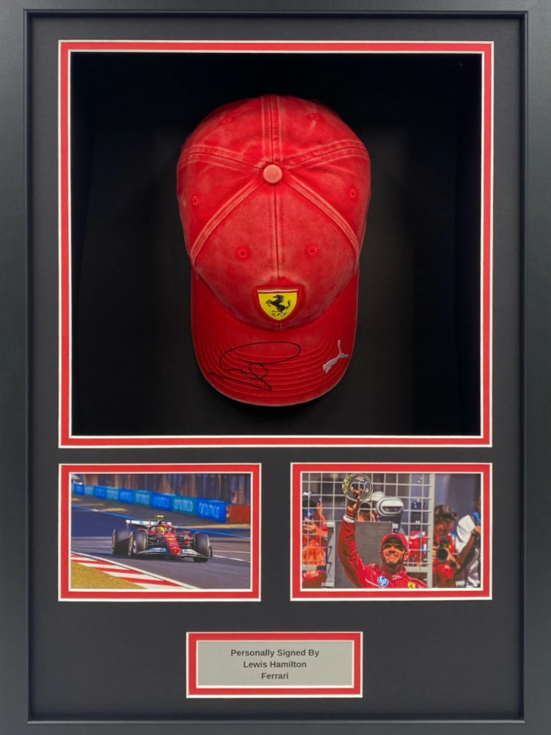 Signed Lewis Hamilton Ferrari #44 cap display